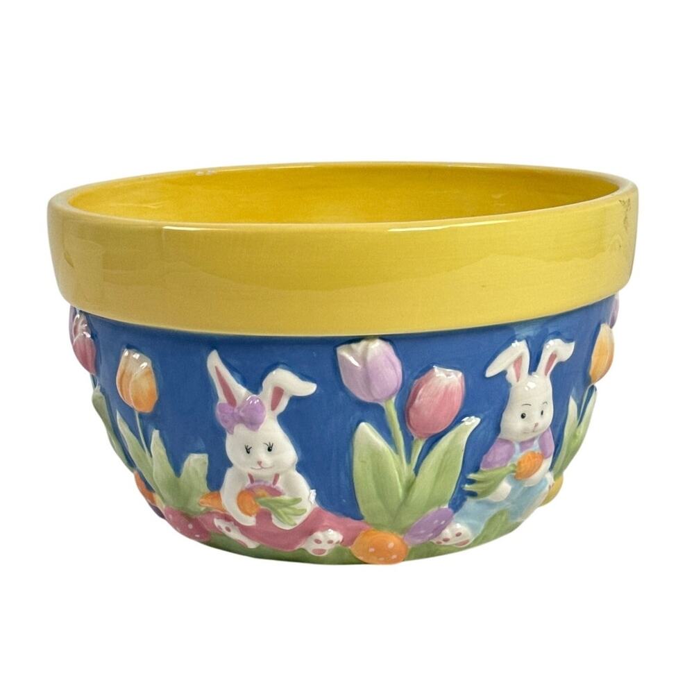 Vintage 90s Blossoms & Blooms Blue Easter Bunny Carrot Tulip Ceramic Bowl 9”